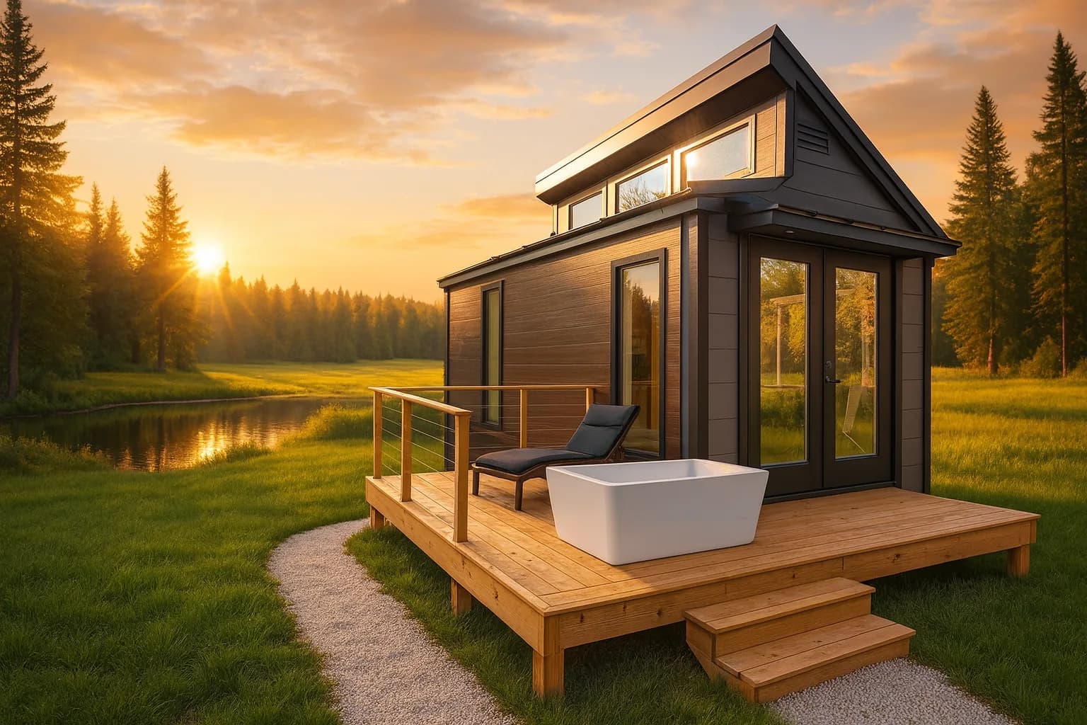 Sauna Haus exterior at golden hour with cold plunge tub on the deck and a lake beyond