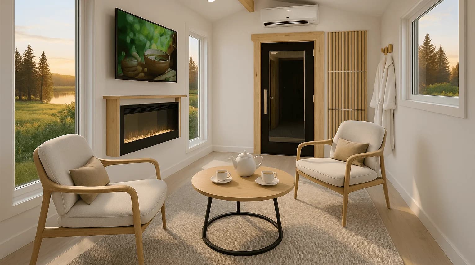 Climate-controlled lounge with two chairs, fireplace, and the sauna door
