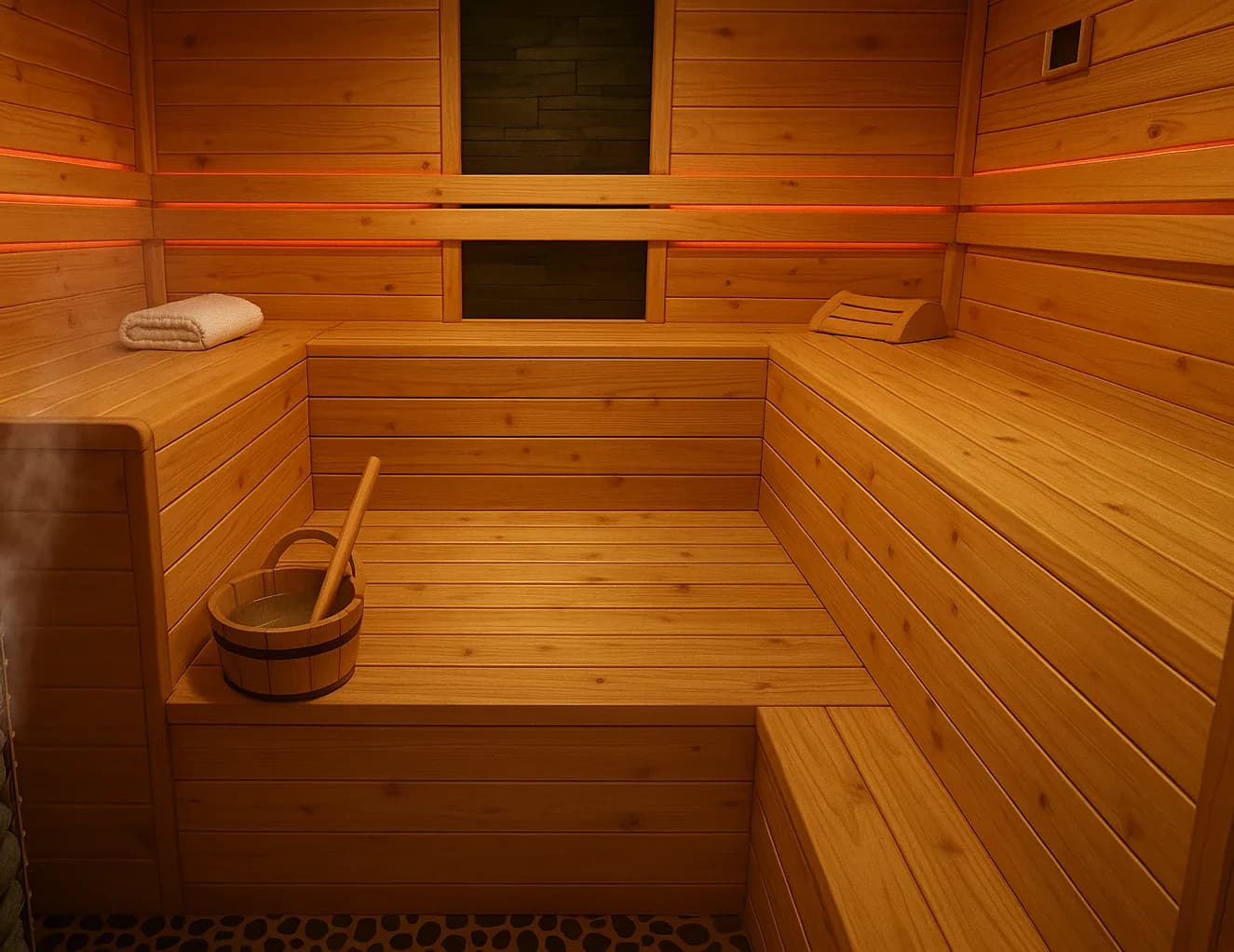 Inside the sauna room with cedar benches and warm chromotherapy lighting