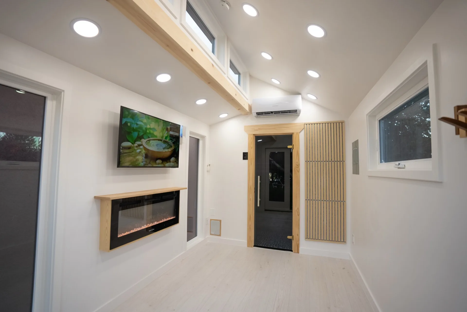 Climate lounge with fireplace, smart TV, and sauna door