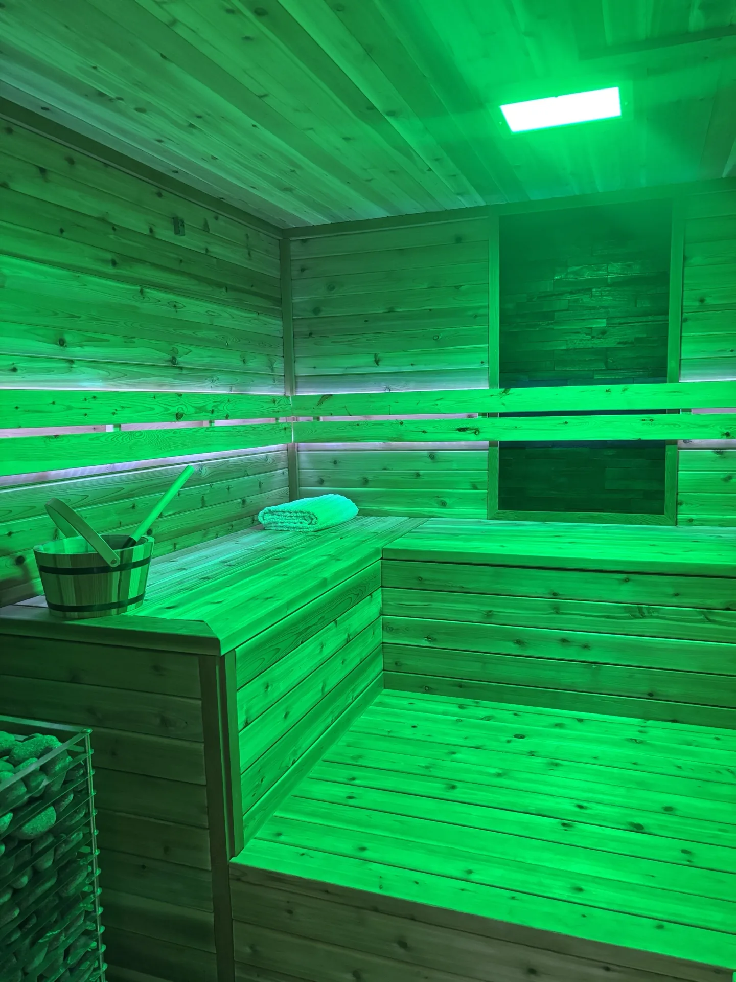 Sauna with green chromotherapy lighting