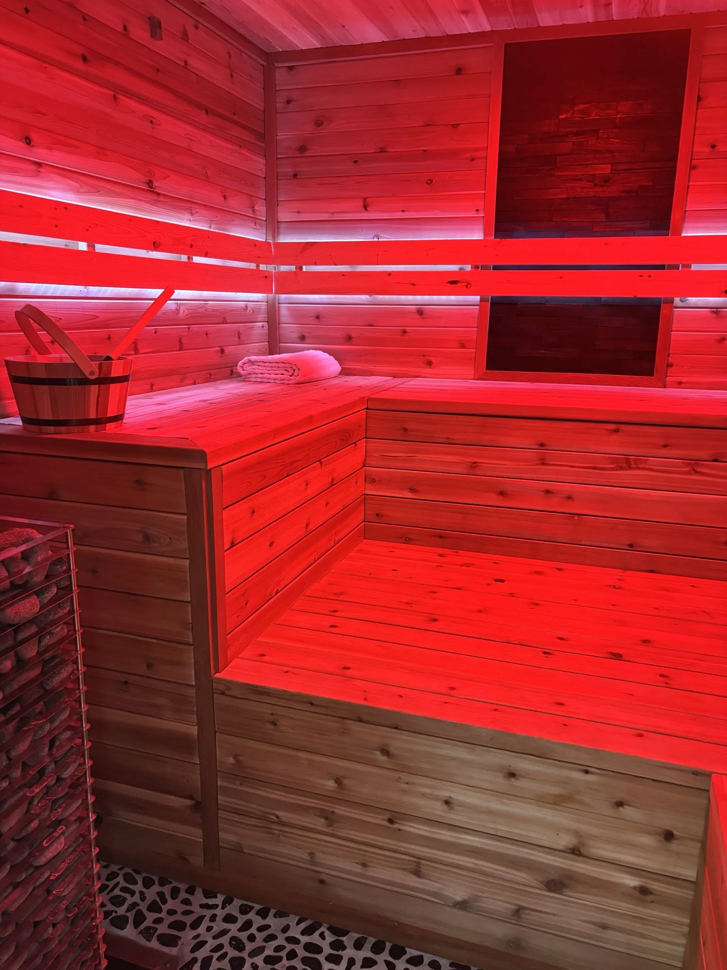 Sauna with red chromotherapy lighting